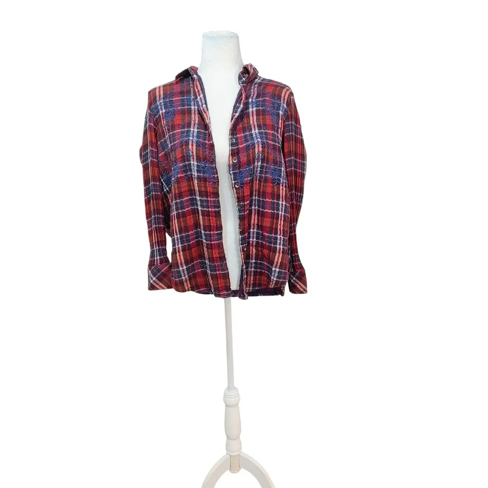 Free People Magical Plaid Button-Up Shirt Embroidered 4th of July‎ Patriotic S